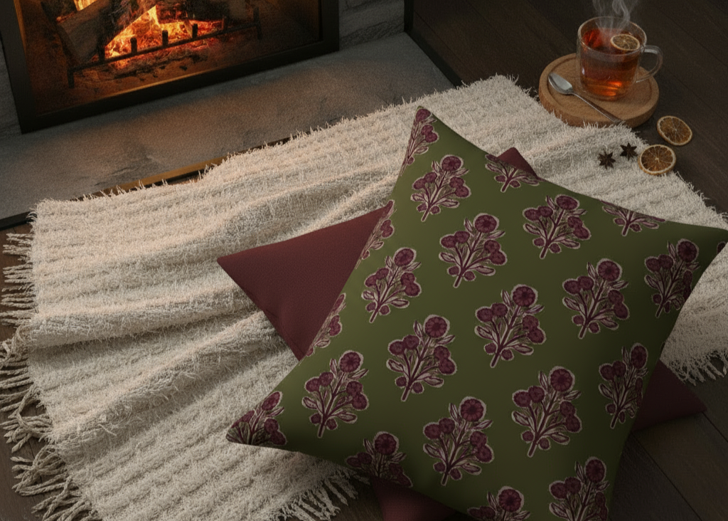 Cozy living room with a fireplace, patterned pillow, and hot beverage.